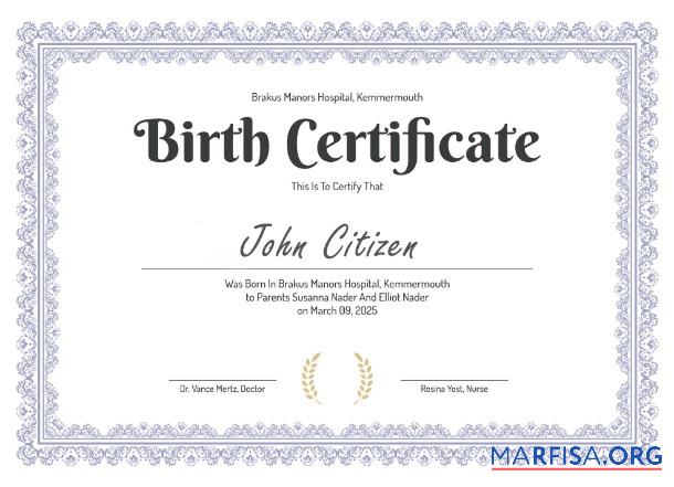 Blank Kemmermouth Brakus Manors hospital birth certificate download for verification